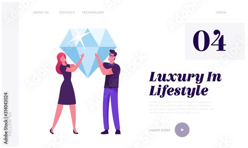 Loyalty Program for Regular Clients Website Landing Page. Man and Woman Hold Huge Brilliant in Hands with Gold Coins and Stars around. Purchase Benefit Web Page Banner Cartoon Flat Vector Illustration