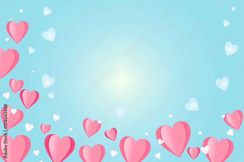 Beautiful paper pink hearts on a blue background.