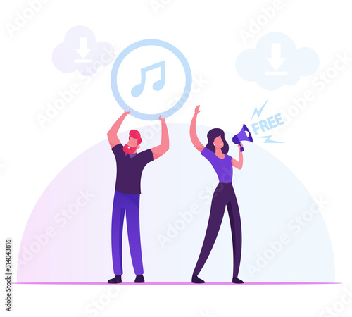 Free Download Services and Internet Content Piracy Concept. Woman Crying to Loudspeaker, Man Holding Music Icon above Head People Using Torrent for Transfer Files Cartoon Flat Vector Illustration
