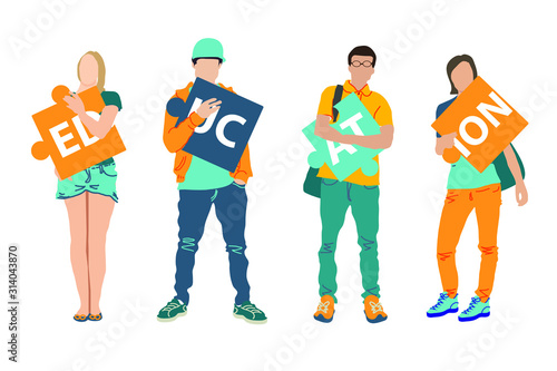 Vector drawing of students standing with puzzles. The drawing is intended for educational purposes.