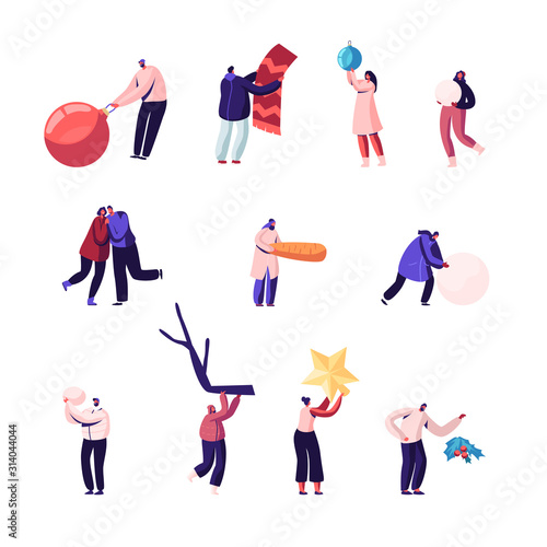 Winter Time Outdoor and Indoor Leisure Activities Set Isolated on White Background. People Decorate Christmas Tree, Make Snow Man, Loving Couple Spend Time Together Cartoon Flat Vector Illustration
