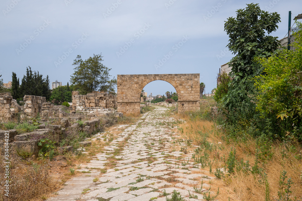 The Byzantine road. Al-Bass Tyre necropolis. Roman remains in Tyre. Tyre is an ancient Phoenician city. Tyre, Lebanon - June, 2019
