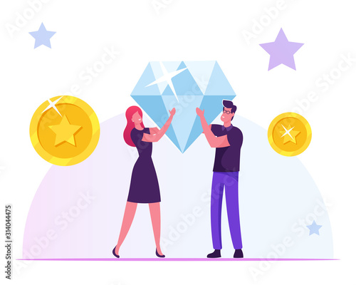 Loyalty Program for Regular Clients Concept. Man and Woman Hold Huge Brilliant in Hands with Golden Coins and Stars around. Purchase Benefit, Bonus System for Customer Cartoon Flat Vector Illustration