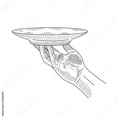 Hand drawn hand holding plate. Waiters palms carrying empty plate on fingertips. Sketch. Vector illustration.