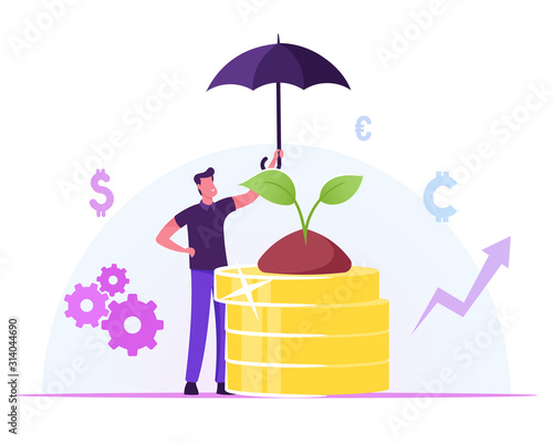 Corporate Responsibility, Social Citizenship Concept. Businessman Holding Umbrella Care of Green Plant Growing on Pile of Golden Coins with Business Icons around. Csr Cartoon Flat Vector Illustration