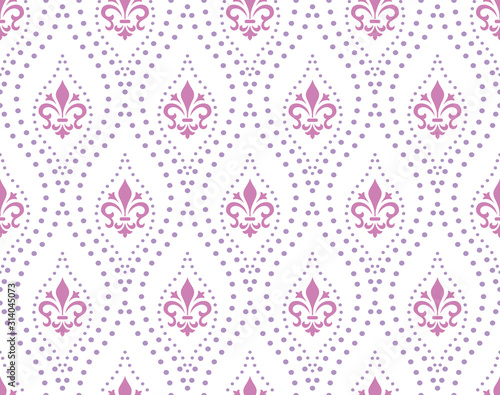 Wallpaper in the style of Baroque. Seamless vector background. White and purple floral ornament. Graphic pattern for fabric, wallpaper, packaging. Ornate Damask flower ornament