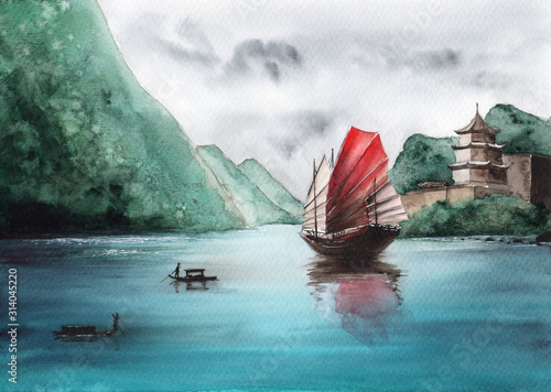 Fotografía Watercolor picture of a chinese  sailing ship on the aquamarine sea  among gree