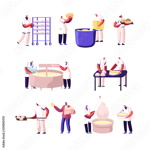 Bakery and Cheese Factory, Food Production Set. Bakers Characters Kneading Dough, Cheesemaker Decant Dairy Mass in Professional Equipment Working on Modern Manufacture Cartoon Flat Vector Illustration