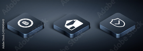 Set Isometric Cryptocurrency coin Bitcoin, Shield with check mark and Envelope icon. Vector
