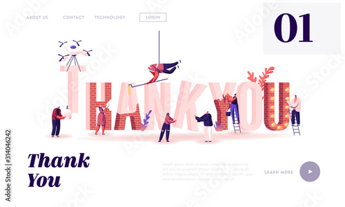 Thanking Website Landing Page. Male and Female Characters Set Up, Painting and Decorate Huge Word Thank You Made of Red Bricks. Gratitude Typography Web Page Banner. Cartoon Flat Vector Illustration