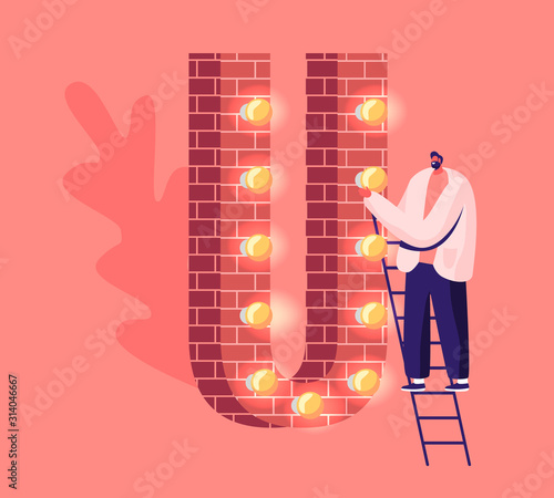 Adult Cheerful Man Stand on Ladder at Huge Letter U Made of Red Bricks Decorated with Lighting Garland and Glowing Lamps. Thank You Word Spelling, Alphabet Character Cartoon Flat Vector Illustration