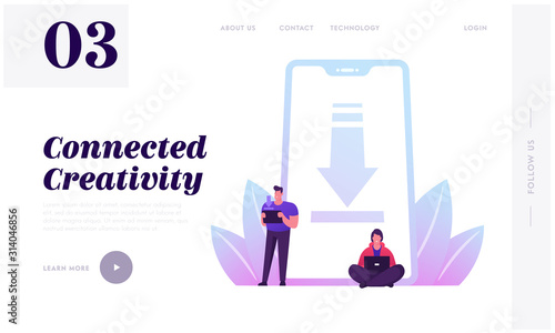 Free Download Website Landing Page. People Characters Stand at Huge Mobile Phone with Upload Sign on Smartphone Screen. Torrent Data Piracy Servers Web Page Banner. Cartoon Flat Vector Illustration
