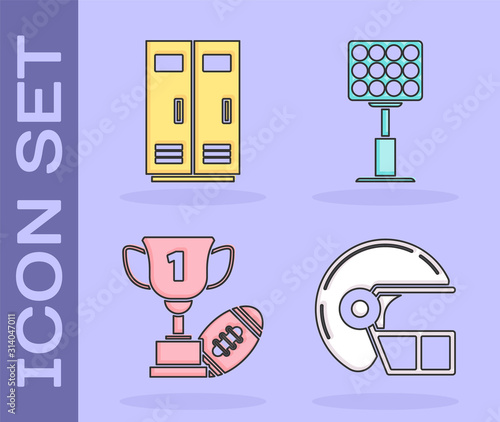Set American football helmet, Locker or changing room for football, basketball team or workers, Award cup and American football ball and Bright stadium lights icon. Vector