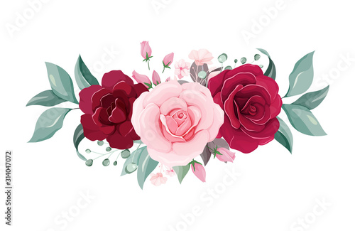 Flowers vector. Floral decoration illustration of red and peach rose flowers, leaves, branches. Romantic botanic elements for wedding, greeting, valentine card design