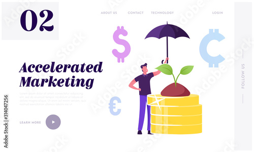 Corporate Responsibility, Social Citizenship Website Landing Page. Businessman Holding Umbrella Care of Green Plant Growing on Pile of Gold Coins. Csr Web Page Banner. Cartoon Flat Vector Illustration