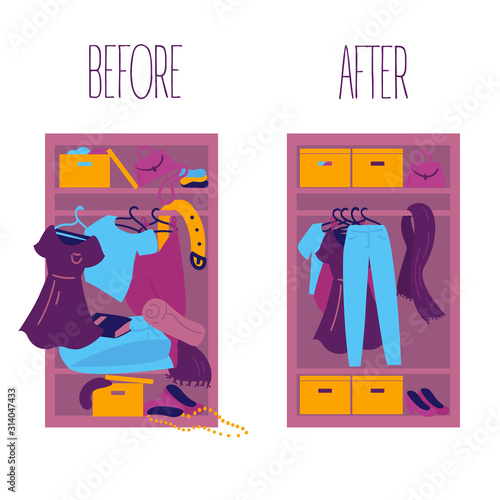 Before and after sorting things concept.Minimalistic lifestyle concept.Two wardrobes with clothes, one before cleaning and sorting, the other after.Disorder and order after sorting things.Vector