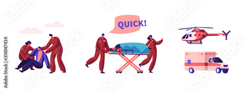 Paramedic Profession Set. Medical Rescue Doctor Characters on Ambulance. Medic Workers Urgent Helicopter and Car Transportation Medicine Vehicle, Hospital Healthcare. Cartoon Flat Vector Illustration