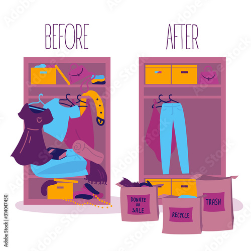 Before and after sorting things concept.Minimalistic lifestyle concept.Two wardrobes with clothes, one before cleaning and sorting, the other after.Disorder and order after sorting things.Vector 