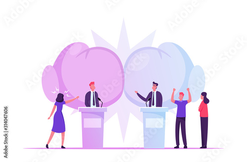 Political Debates, Pre-election Campaign Voting Process, Candidates Stand on Tribunes for Promotion and Advertising Interview, Active Political Discussion, Debating, Cartoon Flat Vector Illustration