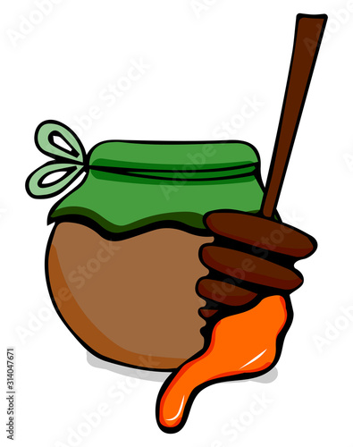 Honey in a glass jar and with a stick of honey hand drawn outline doodle icon. Glass jar with honey and stick line icon for infographic, website or app.