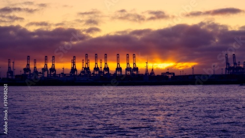 Dock cranes in Hamburg against the sunset