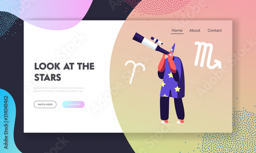 Astrology School, Cosmos Exploration Website Landing Page. Astrologer Watching through Telescope Studying Space. Scientific Investigation, Education Web Page Banner. Cartoon Flat Vector Illustration