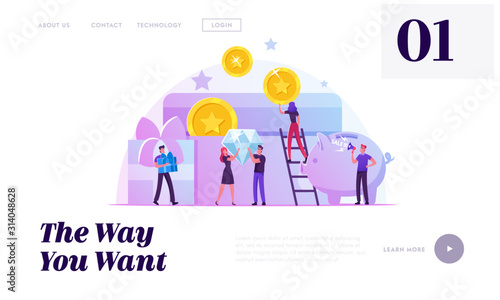 Bonus Card, Loyalty Program, Earn Reward Website Landing Page. Tiny Characters Holding Huge Golden Coins, Brilliant and Gift Boxes at Piggy Bank Web Page Banner. Cartoon Flat Vector Illustration