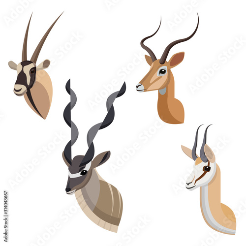 African antelope or gazelle portrait set made in unique simple cartoon style. Heads of gemsbok, greater kudu, impala and springbok. Isolated artistic stylized icon or logo collection for your design
