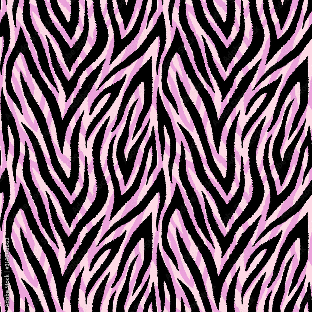 Seamless pattern with wild, animalistic, zebra fur print. Vector illustration. Exotic pink wallpaper.