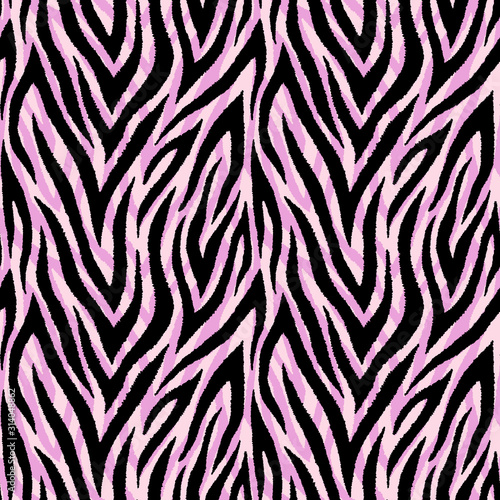 Seamless pattern with wild  animalistic  zebra fur print. Vector illustration. Exotic pink wallpaper.