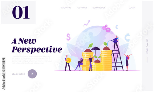 Corporate Social Responsibility Website Landing Page. Tiny People Growing Plants on Coins. Fair Rights Organization Management or Csr Teamwork Strategy Web Page Banner Cartoon Flat Vector Illustration