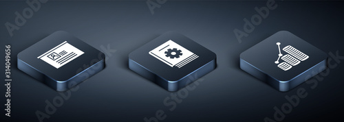 Set Isometric Board with resume, Pie chart infographic and coin and User manual icon. Vector