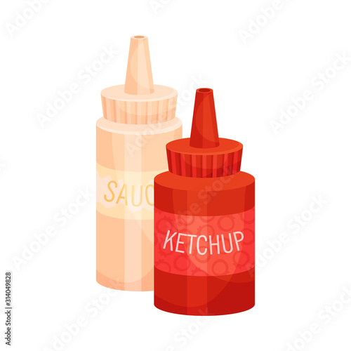 Two Plastic Bottles of Mustard and Ketchup Vector Illustration