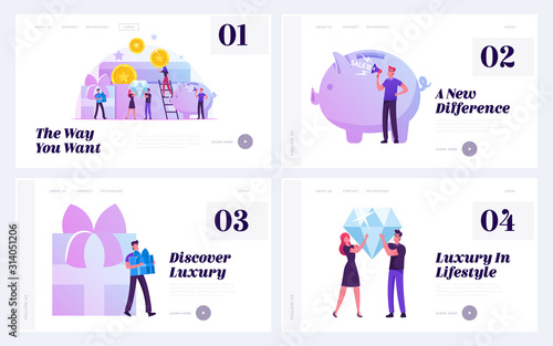 Customers Getting Points and Bonus with Loyalty Program Website Landing Page Set. Shopping Benefits, Gift and Presents to Clients for Making Purchases Web Page Banner. Cartoon Flat Vector Illustration