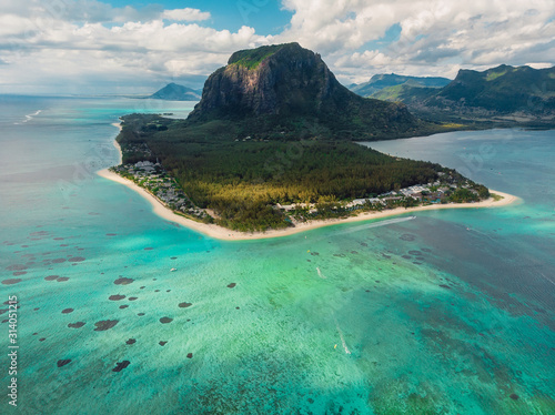 Le Morne mountain with blue lagoon, ocean and beach in Mauritius. Aerial view photo