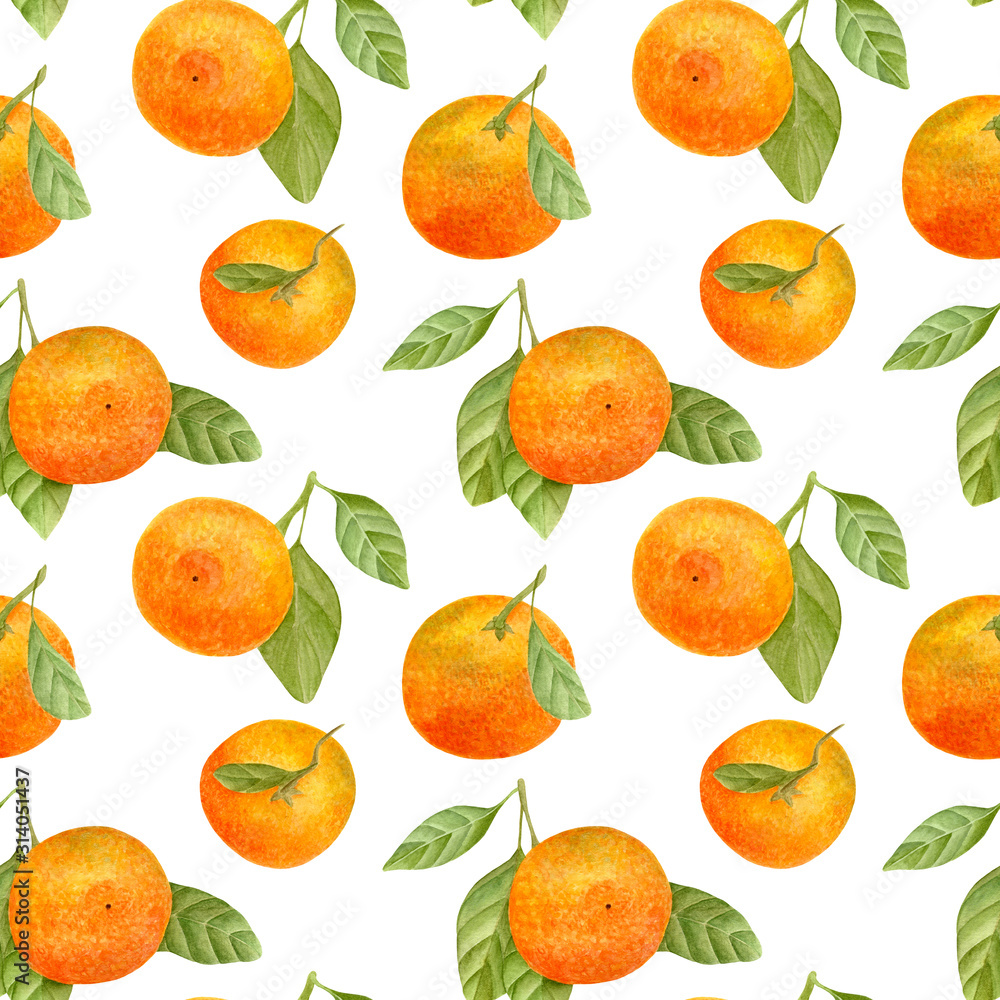 Watercolor tangerine seamless pattern. Hand drawn botanical illustration of mandarin fruits with leaves. Citrus plants isolated on white background for design, textile, package, wrapping.