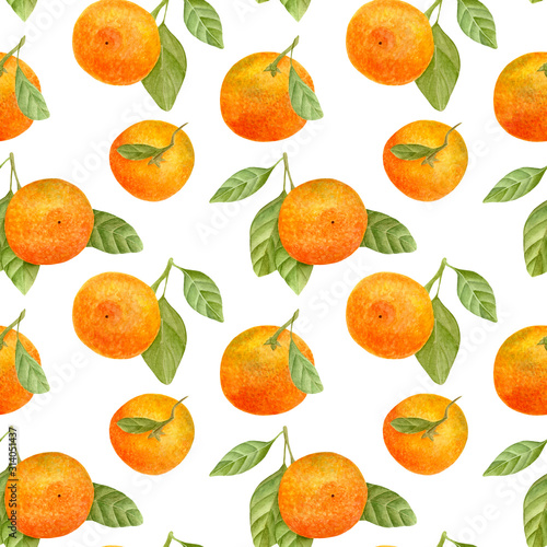 Watercolor tangerine seamless pattern. Hand drawn botanical illustration of mandarin fruits with leaves. Citrus plants isolated on white background for design  textile  package  wrapping.