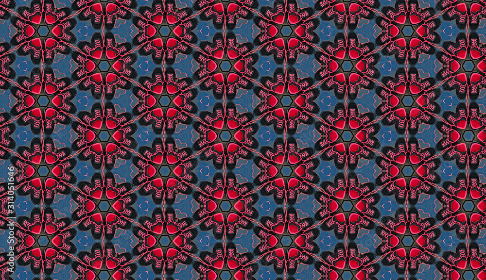 Kaleidoscope effect pattern background with hearts and sneakers