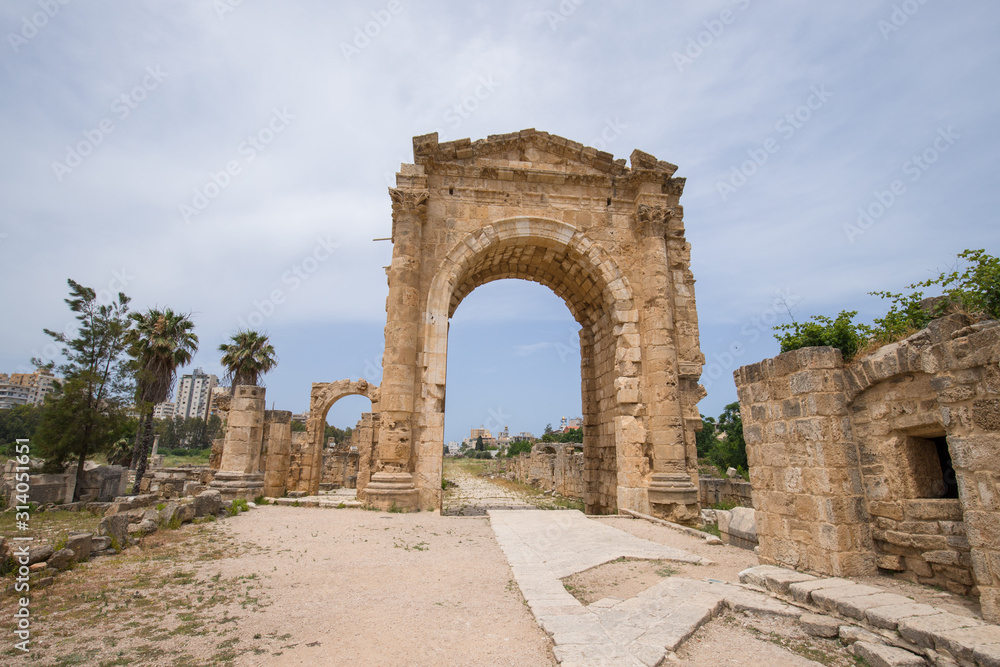 The arch of triumph. Roman remains in Tyre. Tyre is an ancient Phoenician city. Tyre, Lebanon - June, 2019
