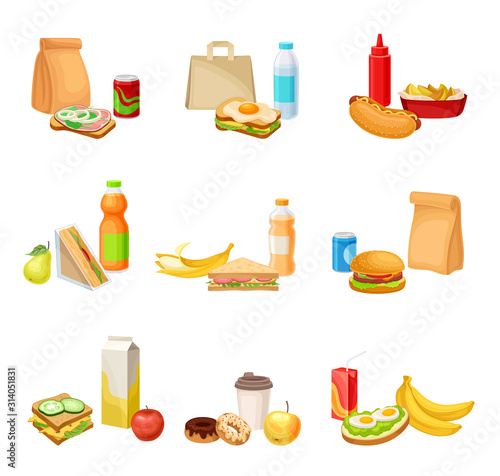 Fast Food Snacks and Drinks Isolated on White Background Vector Set