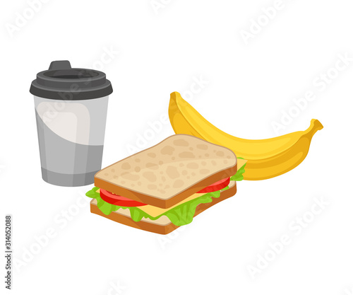 Takeaway Products for Snack Break with Sandwich and Banana Vector Illustration