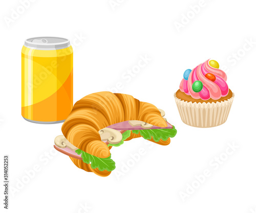 Takeaway Products for Snack Break with Stuffed Croissant and Cupcake Vector Illustration