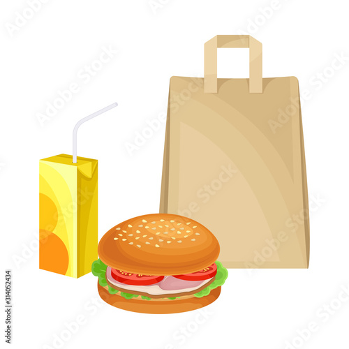 Snack for Lunch with Sandwich and Carton of Juice Isolated on White Background Vector Composition