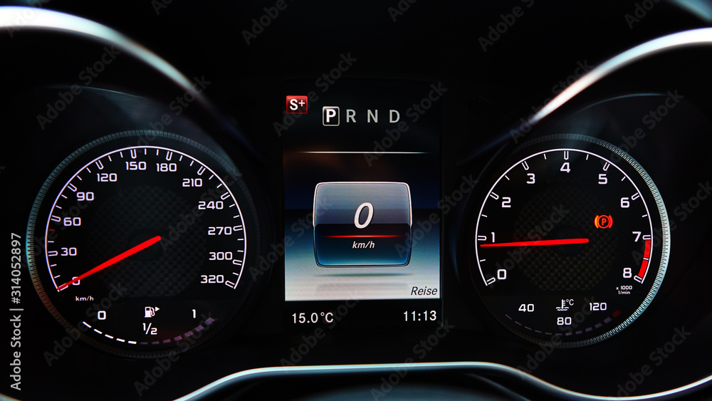 Fototapeta premium Modern car speedometer. Close up shot of the dashboard