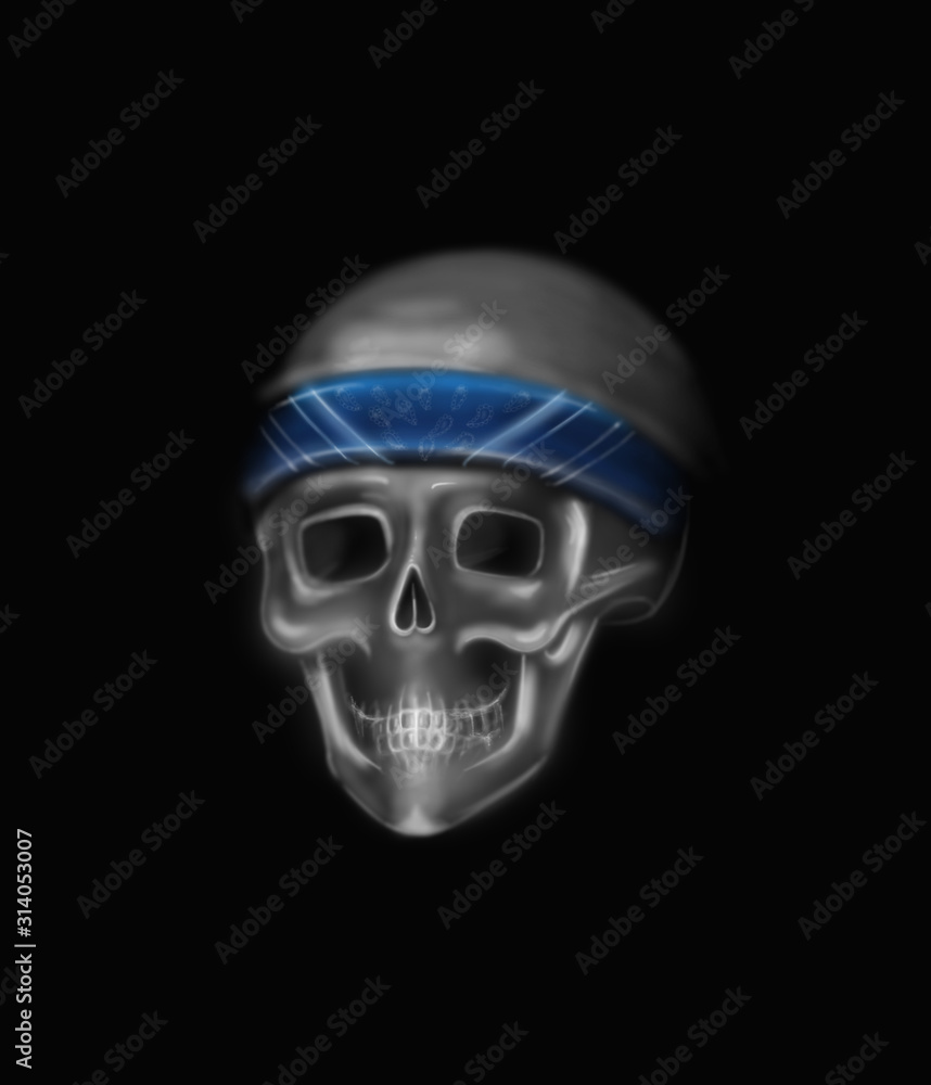 skull in bandana drawing on a black background