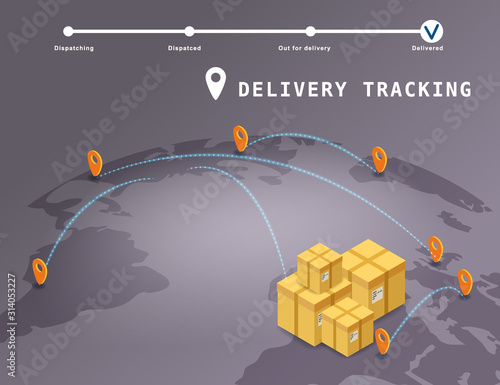 Delivery Global tracking system service online isometric design with boxes, markers on map Earth
