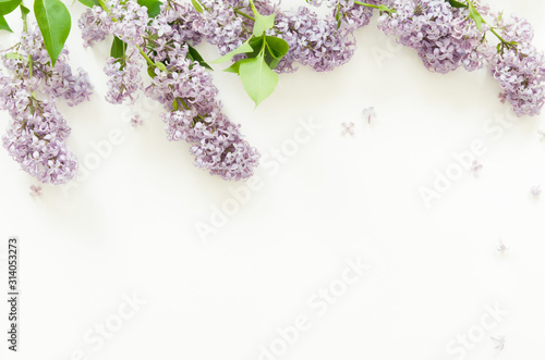 Lilac flowers on white background. Spring flowers. Top view  flat lay  copy space. - Image