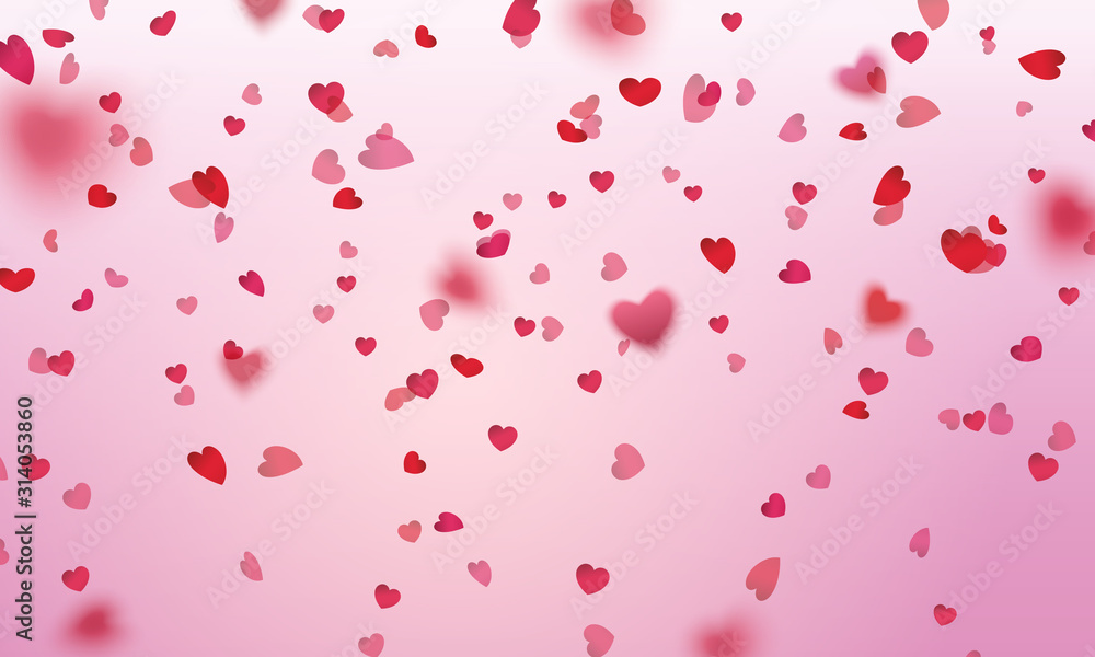 Pink and red hearts confetti falling effect background. Vector symbols of love elements for Valentine day, wedding greeting card design.