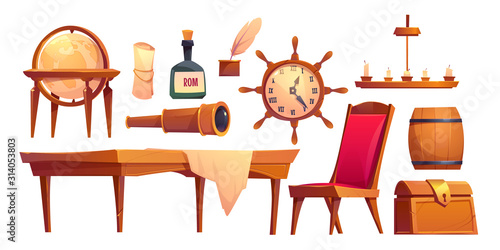 Vector set icons of pirate ship equipment. Cartoon illustration of treasure box, bottle of rum, spyglass and captain cabin furniture. Symbols of sea adventure for game or theme party