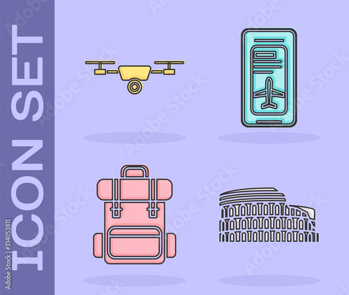 Set Coliseum in Rome, Italy, Drone flying with action video camera, Hiking backpack and Smartphone with electronic boarding pass airline ticket icon. Vector